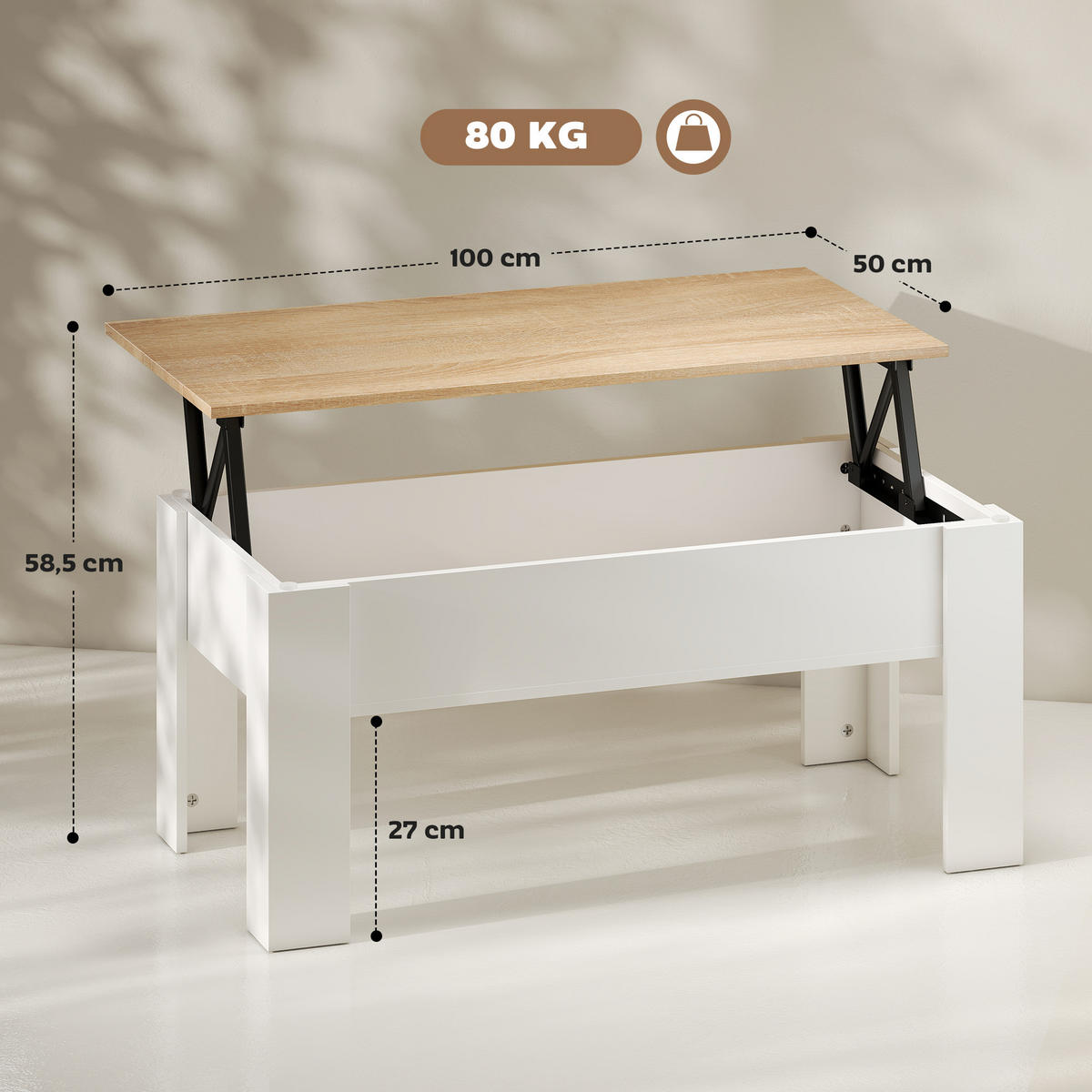 COUCHTISCH DE-15799 klappbare Platte Weiß - Weiß, Holzwerkstoff (100/50/45cm) - ComfortXL