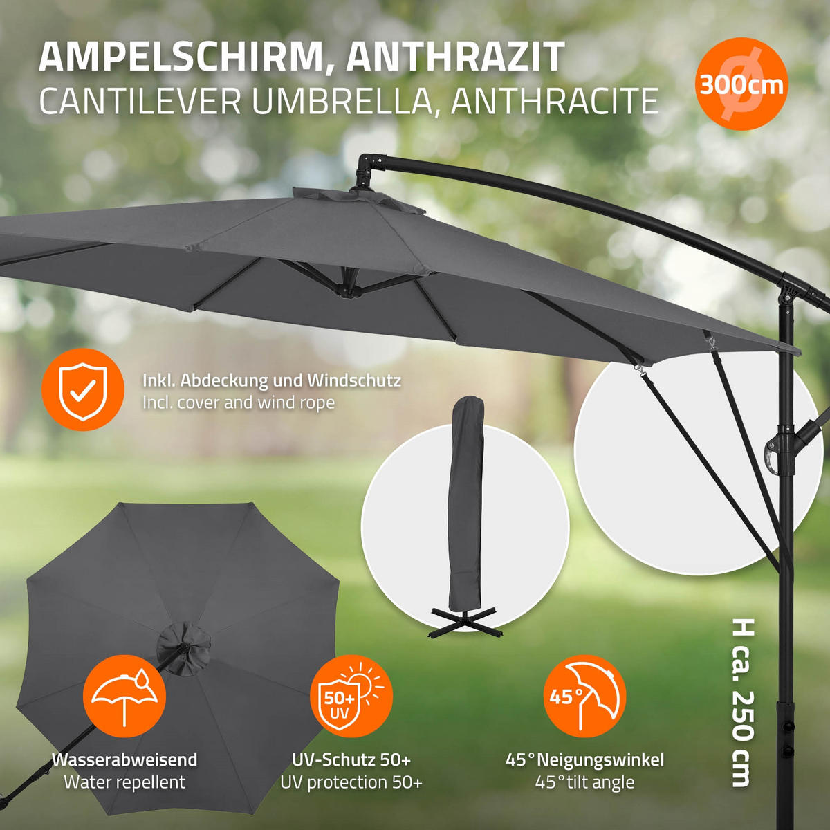 AMPELSCHIRM Ø 300 cm in Anthrazit aus Aluminium - Anthrazit, Metall (300/300cm) - ML-DESIGN