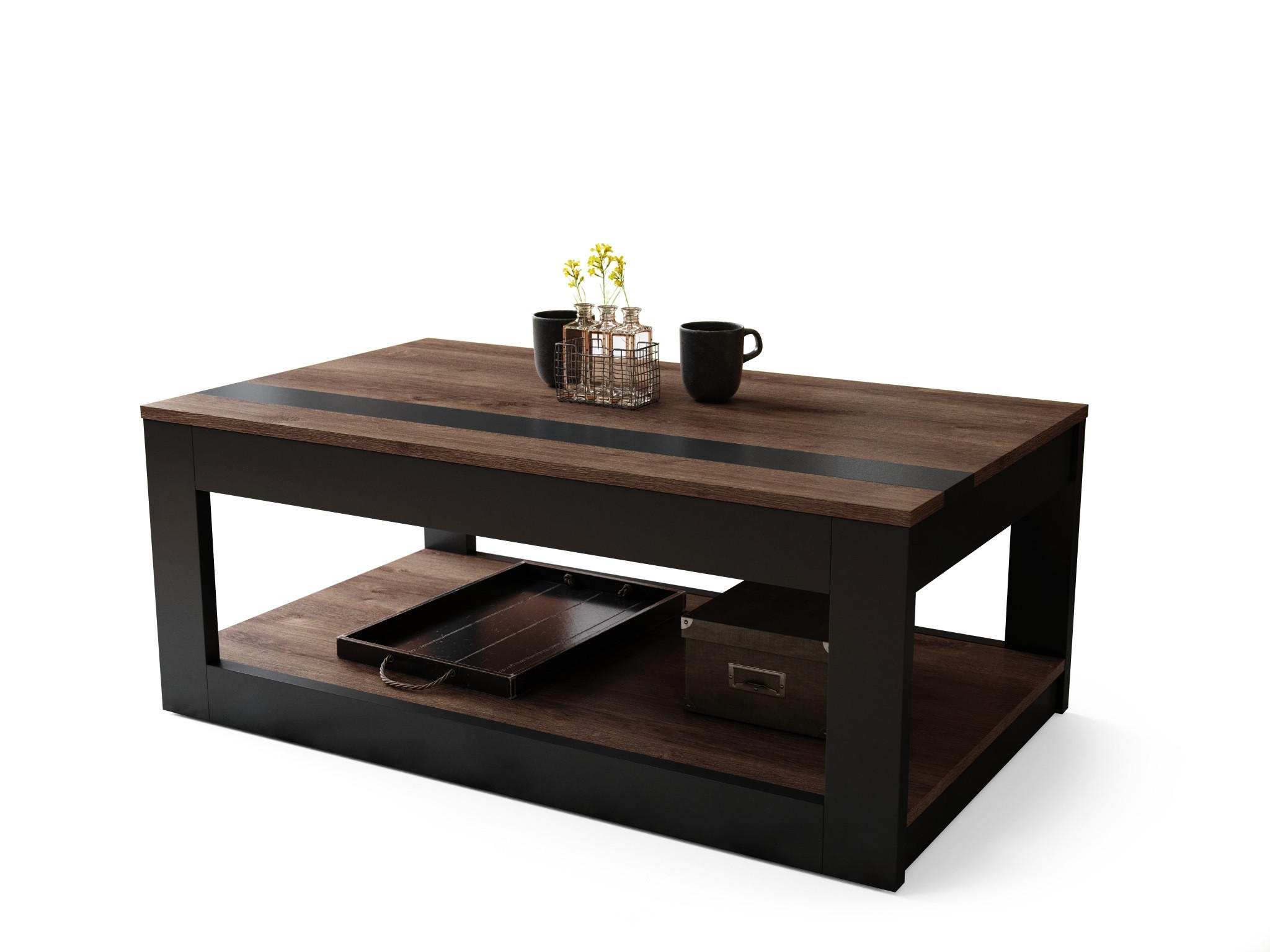 COUCHTISCH rechteckig Eiche dunkel Schwarz matt aufklappbar - Schwarz/Braun, Holzwerkstoff (66/112/45cm) - designimpex