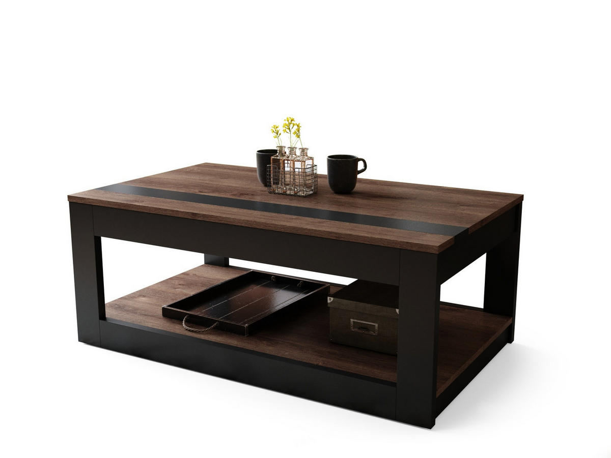 COUCHTISCH rechteckig Eiche dunkel Schwarz matt aufklappbar - Schwarz/Braun, Holzwerkstoff (66/112/45cm) - designimpex