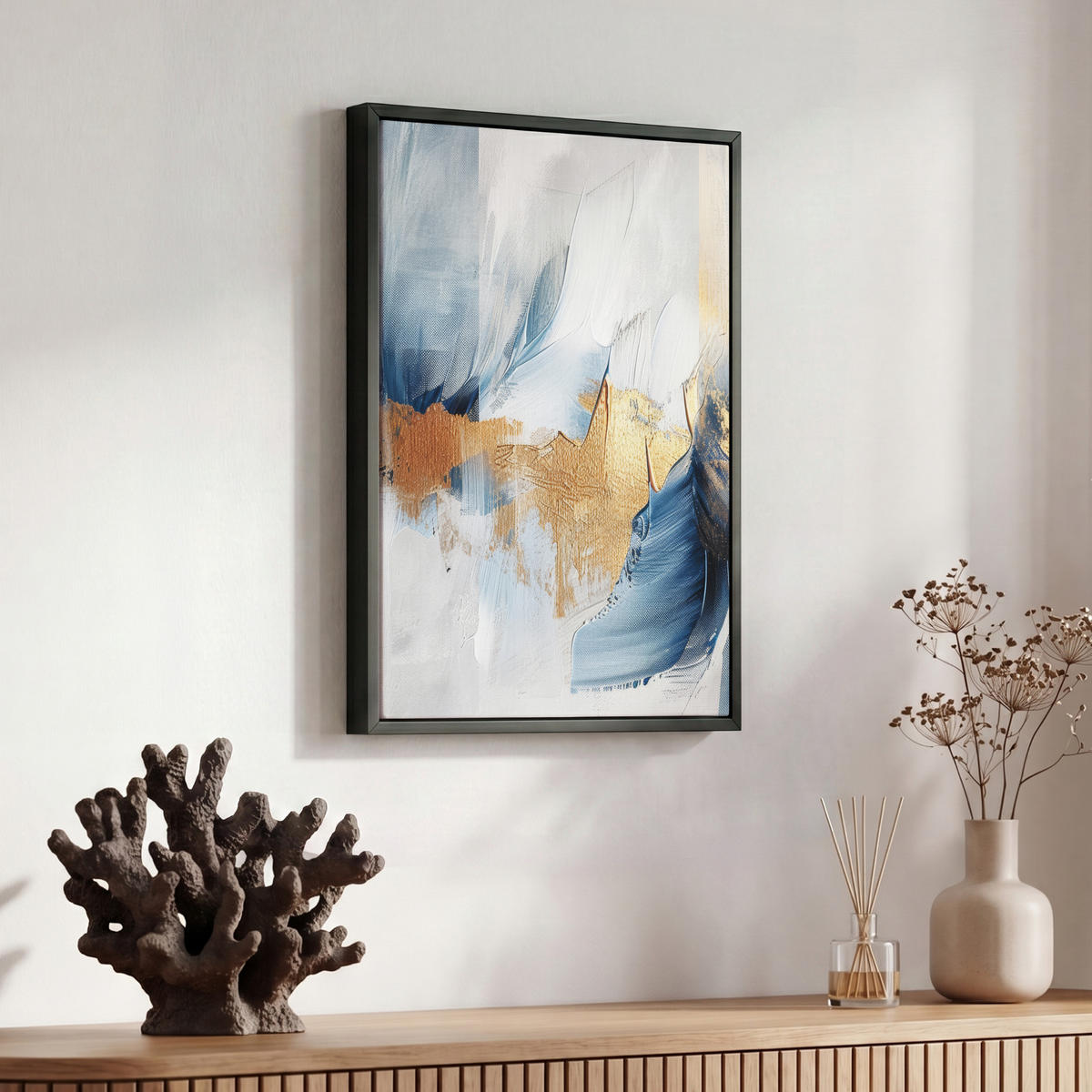 LEINWAND Bilder mit Rahmen - Gold - Blau - Aquarell - Kunst - Modern - 30x40 - Hellblau, Textil (30/40cm) - MuchoWow