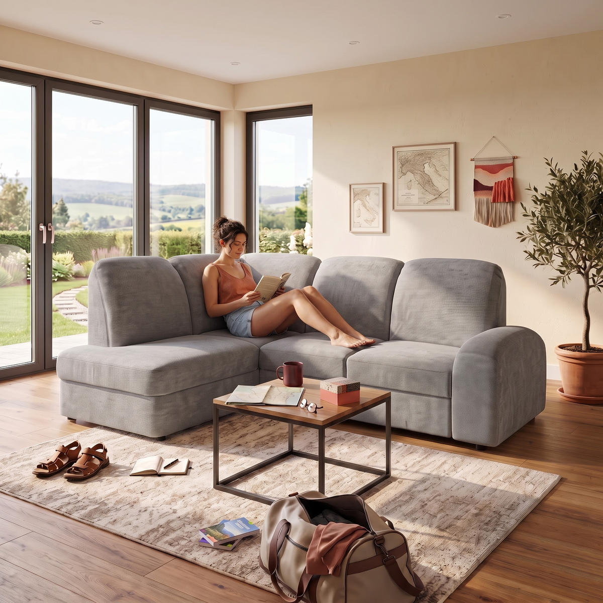 ECKSOFA VIBE L Links mit Schlaffunktion 129x205 Chenille Grau - Schwarz/Grau, Holz/Kunststoff (186/250cm) - Muffo