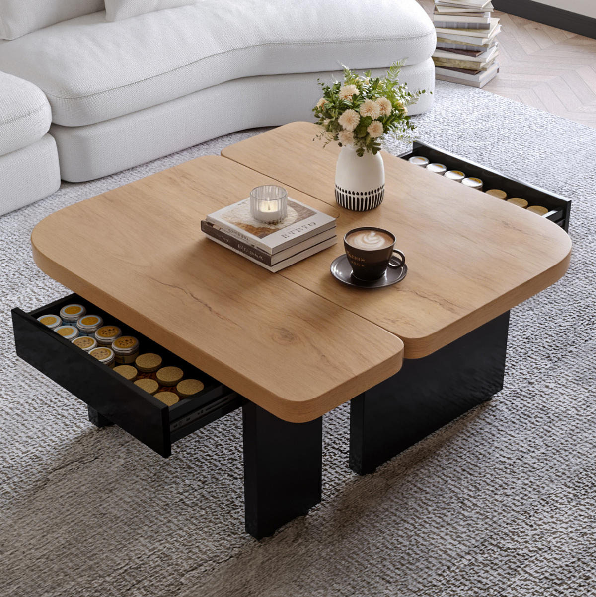COUCHTISCH 90/60/44,5 cm mit LED-Beleuchtung, 2 Schubladen und 2-in-1-Design, Natur/Schwarz - Naturfarben, Holzwerkstoff (90/60/44.5cm) - Modfu
