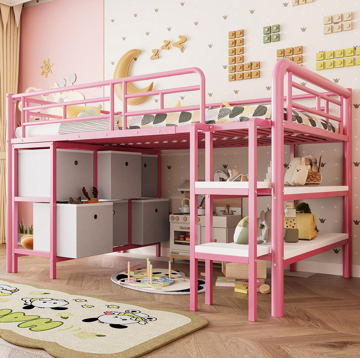 HOCHBETT 90/200 cm Pink aus MDF und Metall mit Stauraum - Rosa, Metall (90/200cm) - OKMYHOME