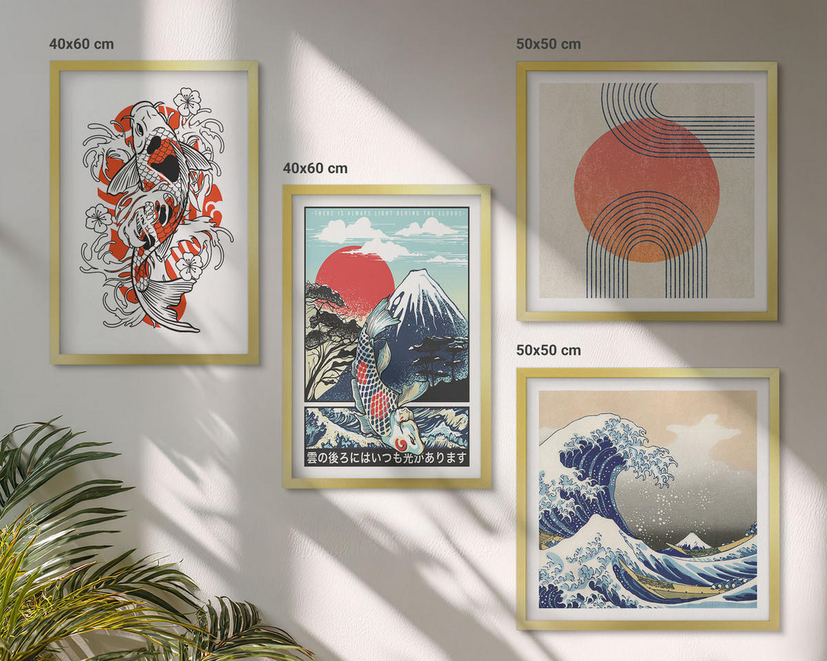 BILDER SET 4er Set - 50x50 cm & 40x60 cm Goldrahmen - Illustrationen von Fischbergen, die sich in Japan ausbreiten - Goldfarben, Kunststoff (50/50cm) - TULUP