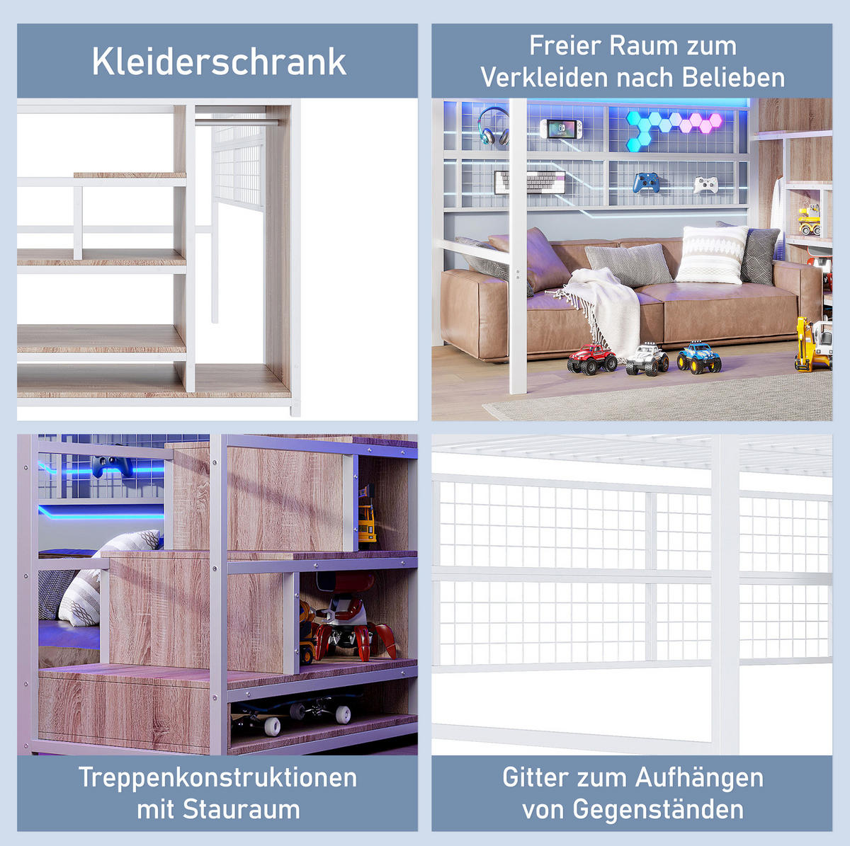 HOCHBETT 140/200 cm aus Metall und MDF mit Kleiderschrankleiter und 7-Farben-LED Weiß - Weiß, Metall (140/200cm) - Modenvie