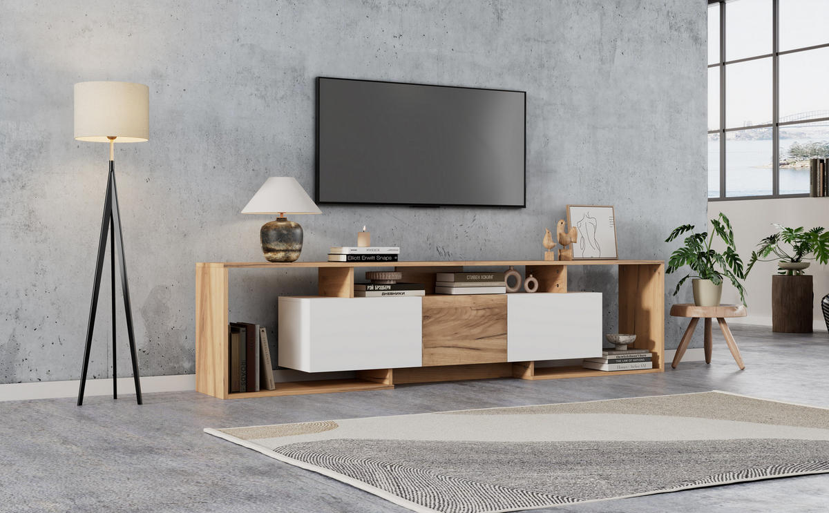 TV-ELEMENTLOWBOARD 180x30x49cm WeißNaturholz für 85ZollTV PushtoOpen - Naturfarben, Holz (39.5/16/99.01cm) - Raelunyi