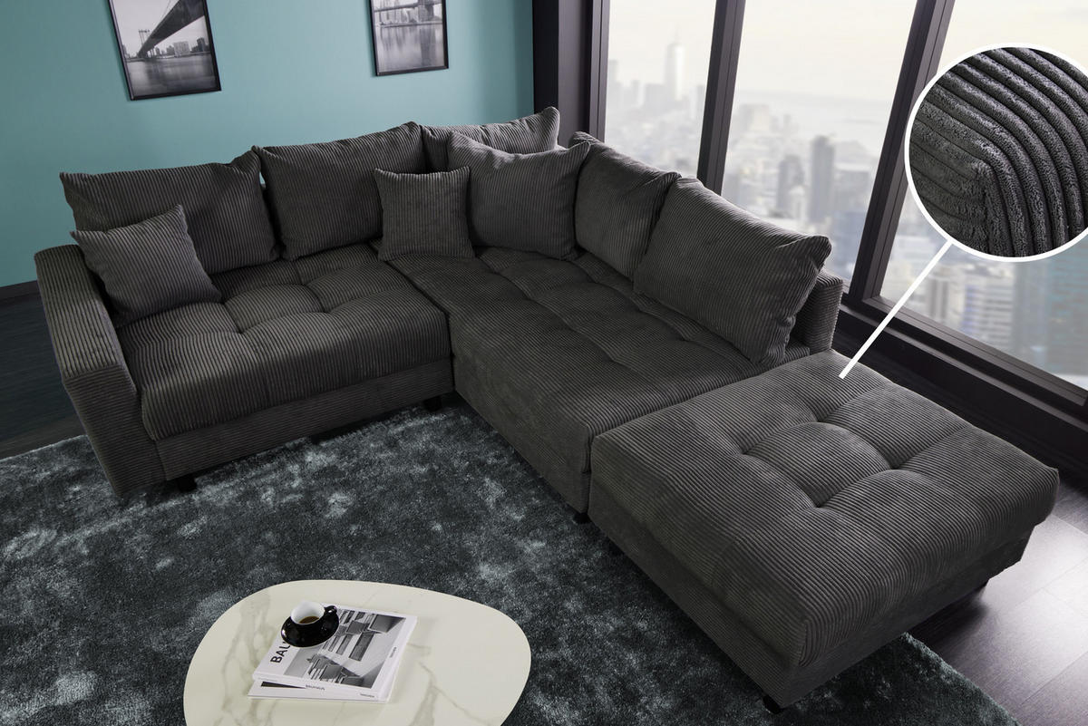 ECKSOFA KENT Cord Anthrazit 220 cm - Dunkelgrau/Schwarz, Kunststoff/Textil (220/190cm) - riess-ambiente