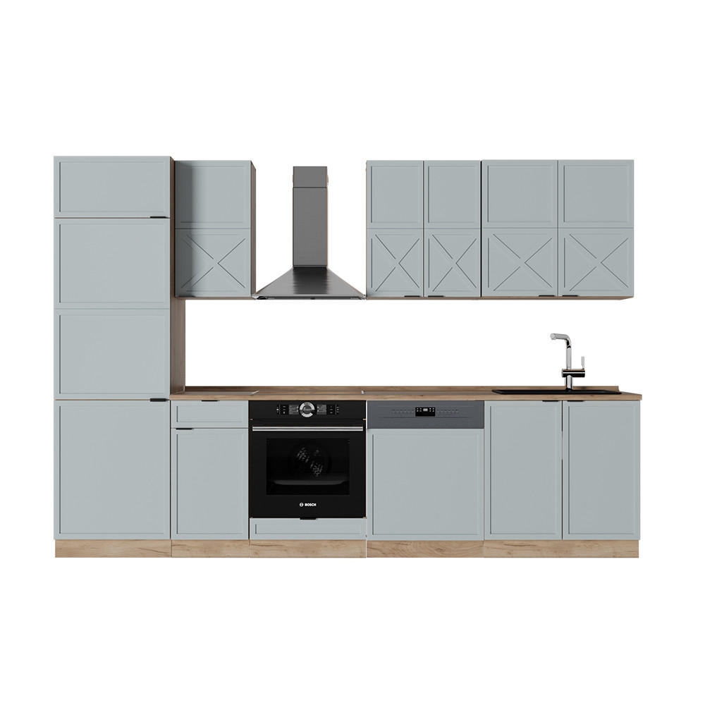 KÜCHENZEILE Fame-Line Hellblau-grau/Goldkraft Eiche 300 cm, AP Eiche - Honigeiche/Hellblau, Holzwerkstoff (300/81.6/60cm) - Vicco