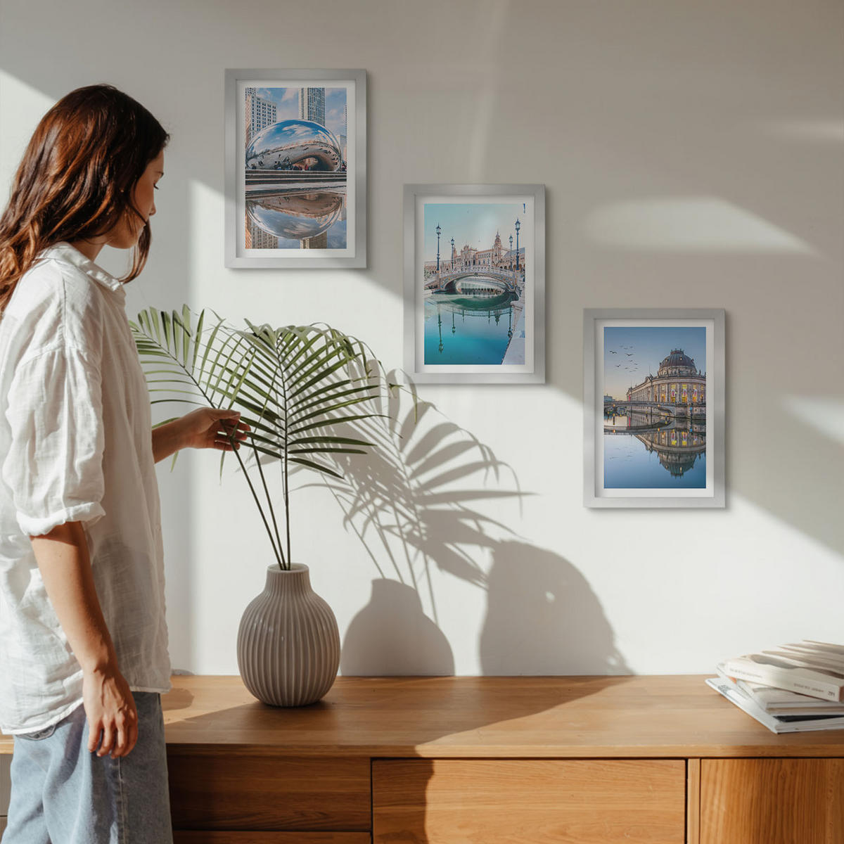 WANDBILDER 3er Set - 20x30 cm Silberner Rahmen - Architektur von Städten am Wasser - Silberfarben, Kunststoff (20/30cm) - ArtPrintCave