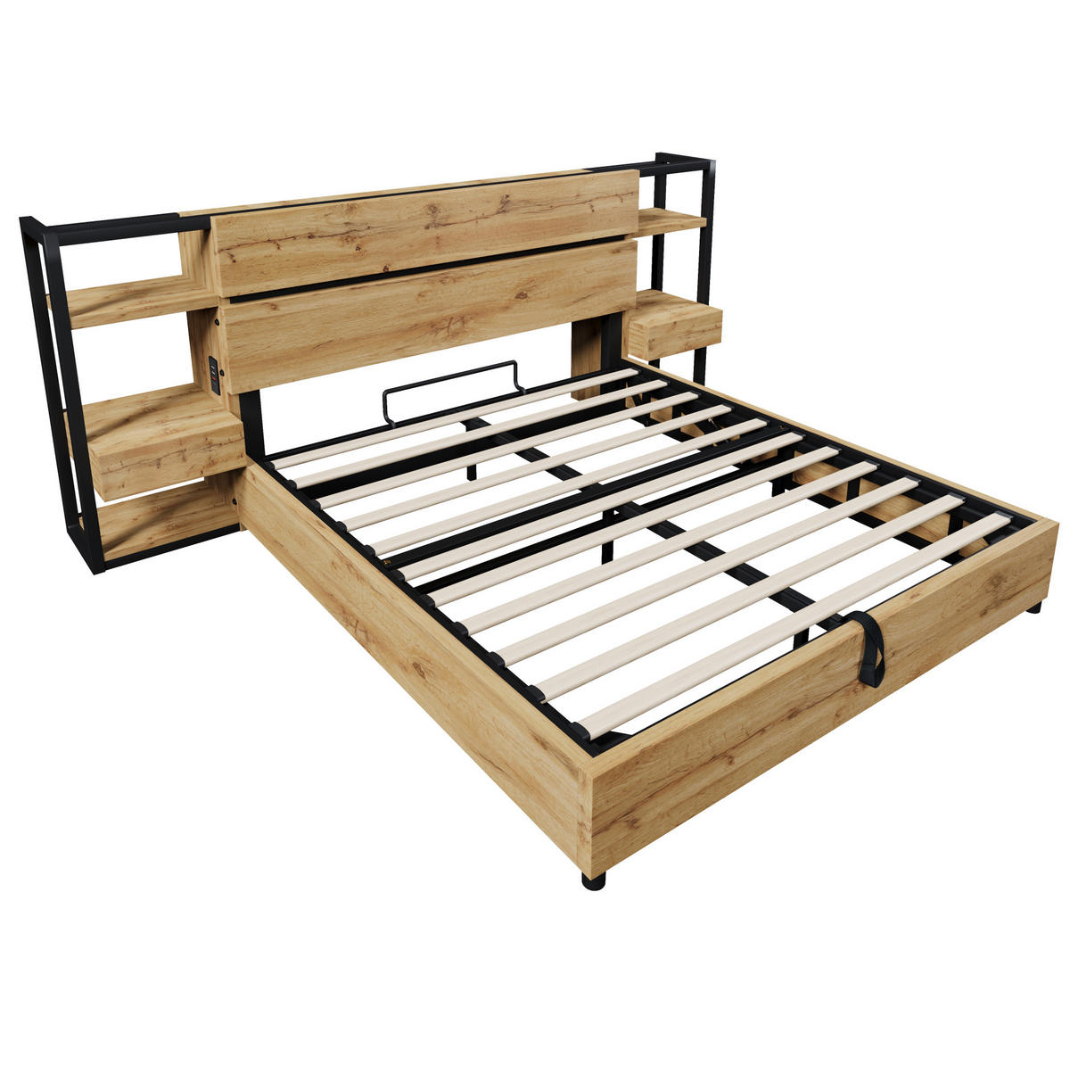 POSTEĽ 160/200 cm z MDF a kovu, dubová, s úložným priestorom a USB nabíjaním - farba duba, kompozitné drevo (160/200cm) - BEAOK