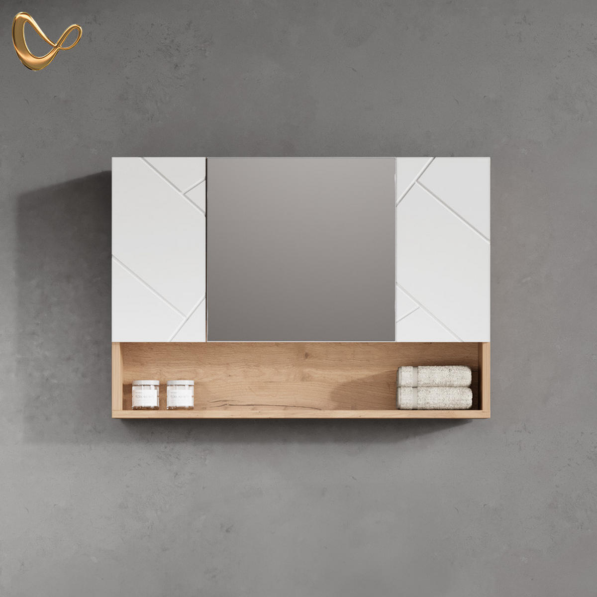 BADSPIEGELSCHRANK Ronco Weiß Hochglanz/Goldkraft Eiche 80.1 x 55 cm - Weiß Hochglanz/Eiche Wotan, Holzwerkstoff (80.1/55/17cm) - Livinity®
