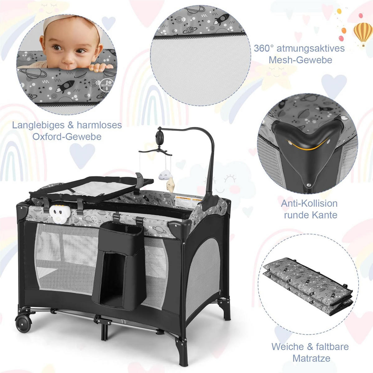 BABYBETT beistellbett Grau - Grau, Metall - COSTWAY