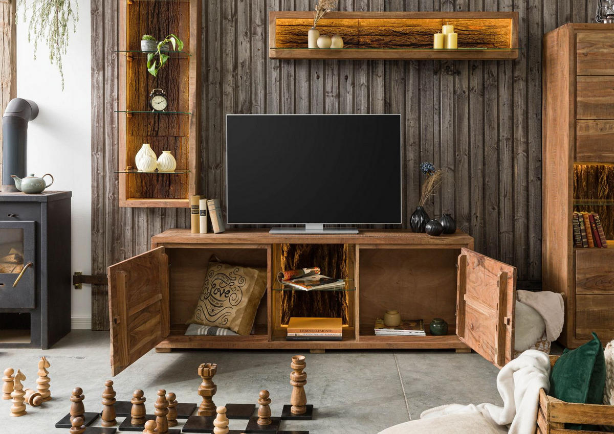 TV-BOARD Akazie 175x40x63 natur lackiert BARK #111 - Naturfarben, Holz (175/63/40cm) - Massivmoebel24