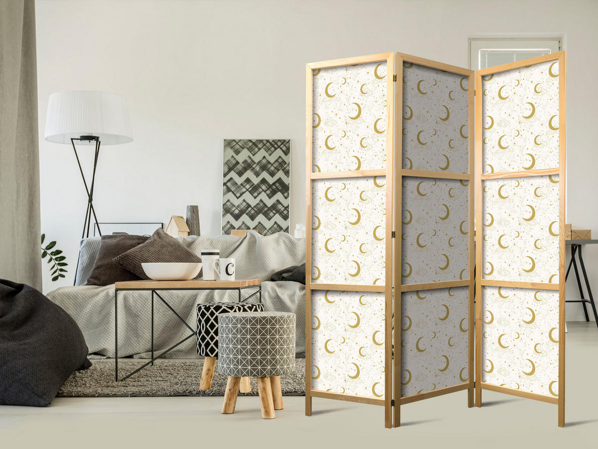 PARAVENT Japanischer 3-tlg 135x172 cm Monde Und Sterne - Gelb, Holz/Textil (135/172/3cm) - Muralo