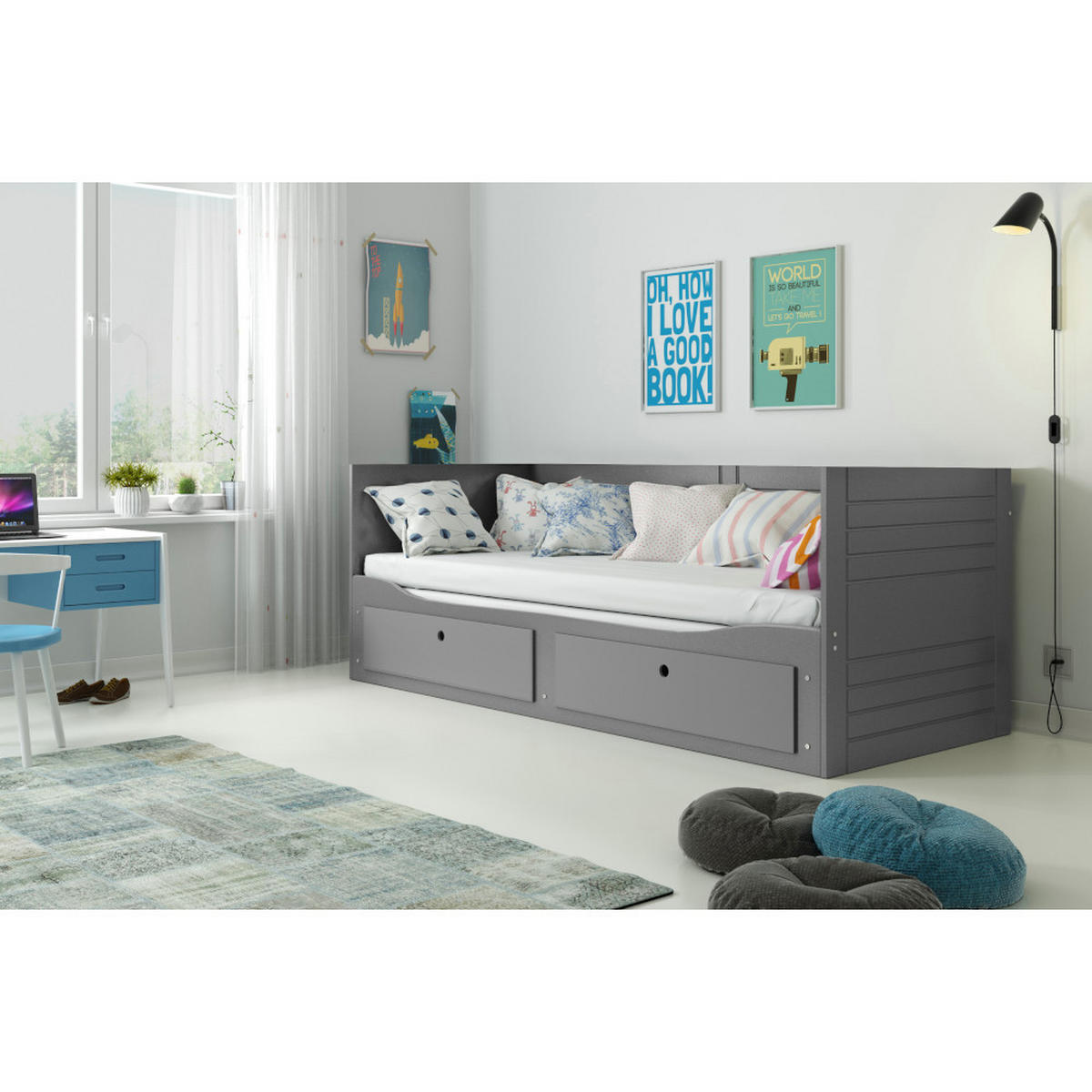 TAGESBETT Hermes 200x80/160cm Grau mit Lattenrost und Schubladen - Grau, Holzwerkstoff (160/200cm) - Interbeds