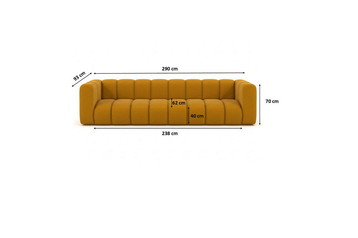 COUCH, Viersitzer-Sofa Grand, Veloursstoff Salvador, Gelb - Gelb, Holz (290/70/93cm) - Kaiser Möbel