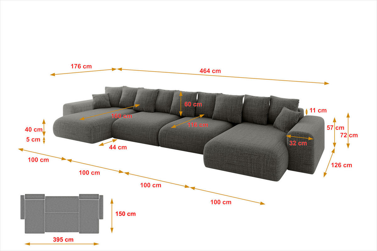 WOHNLANDSCHAFT mit Schlaffunktion ESKAR-U2-464x176x72cm Grau - Taupe/Grau, Holzwerkstoff/Kunststoff (176/72/464cm) - ALTDECOR