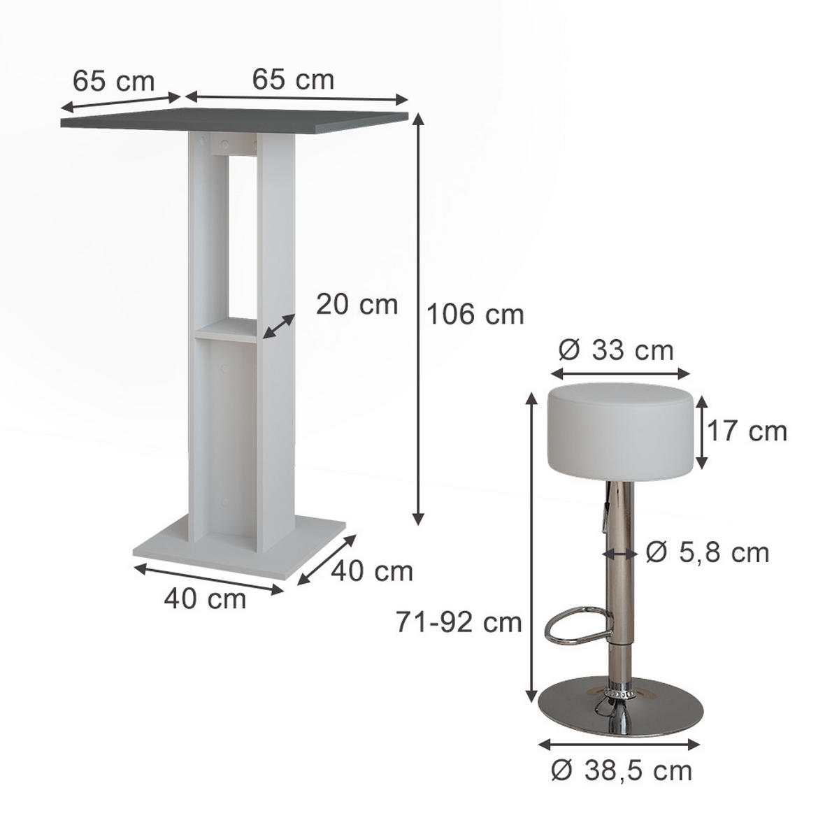 BARTISCH-SET Repose Weiß/Anthrazit 65 x 65 cm mit 2 Barhockern - Anthrazit/Weiß, Holzwerkstoff (65/65/106cm) - Vicco