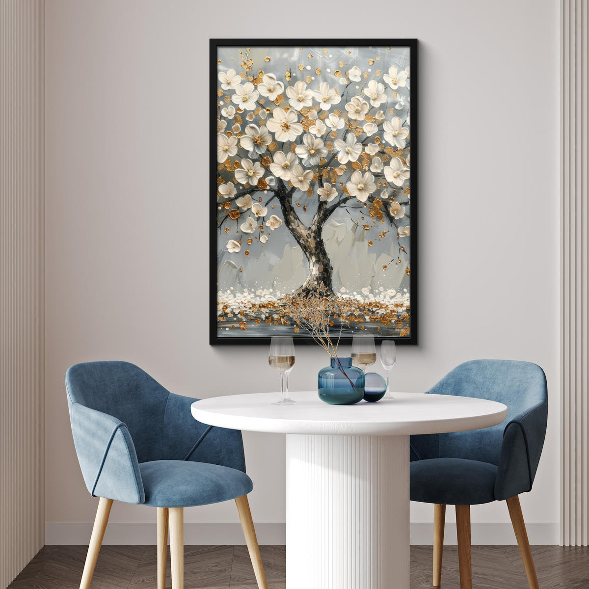 POSTER MIT RAHMEN Baum - Blumen - Weiß - Natur - Kunst 60x90 cm - Weiß, Papier (60/90cm) - MuchoWow