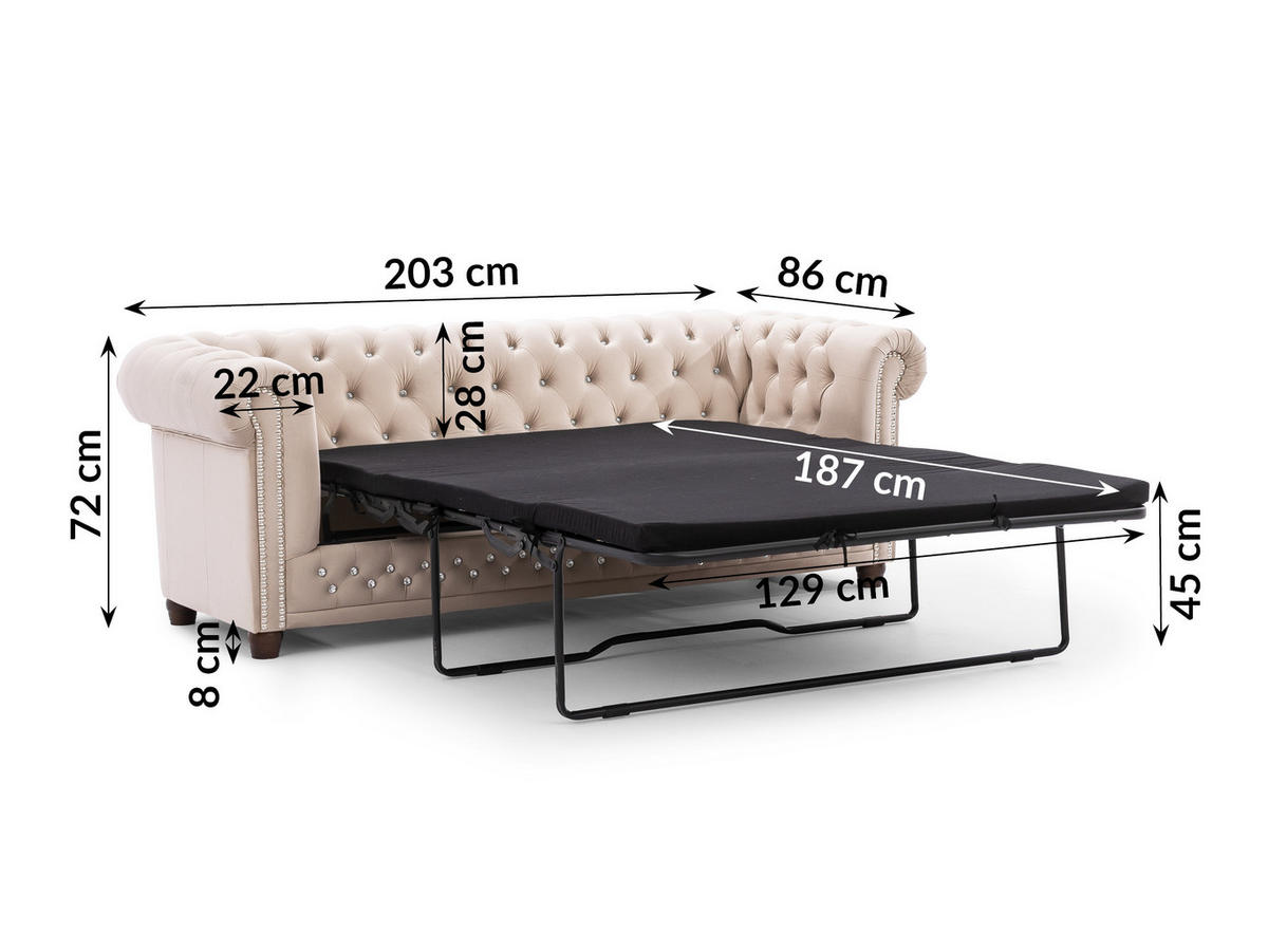 CHESTERFIELD-SOFA 3-Sitzer mit Schlaffunktion Cleo Blink Beige Samt mit Kristallsteppung und braunen Massivholzfüßen - Beige/Braun, Holz/Textil (203/72/86cm) - S-Style Möbel