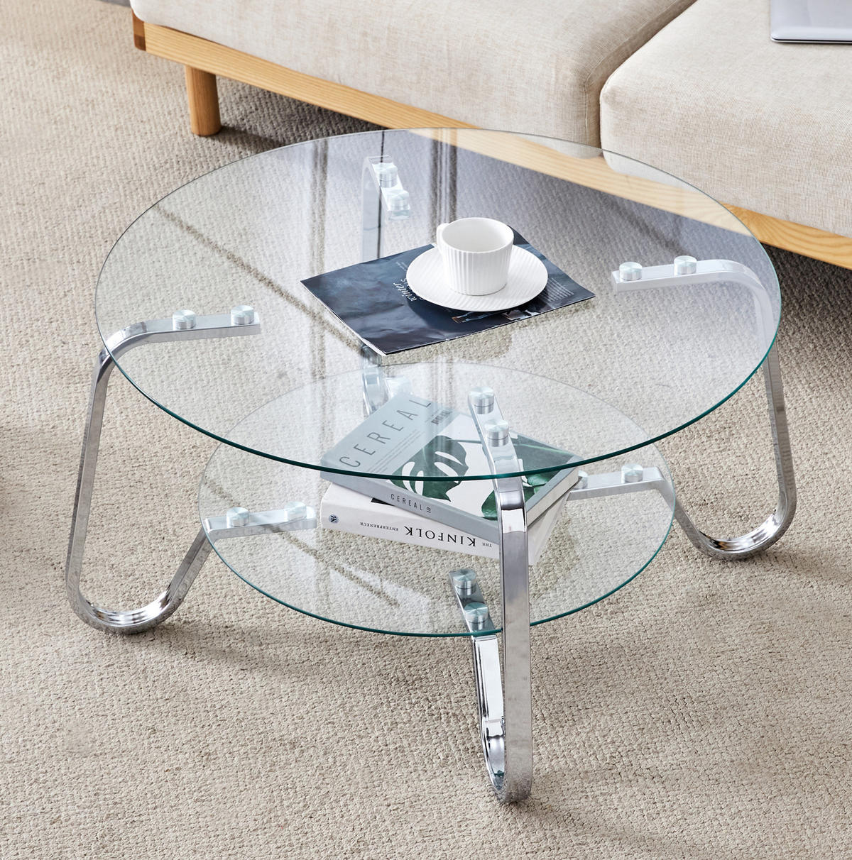 COUCHTISCH 2-stufig rund Metall Silber mit Glas - Grau, Metall (80/80/45cm) - Meubliv