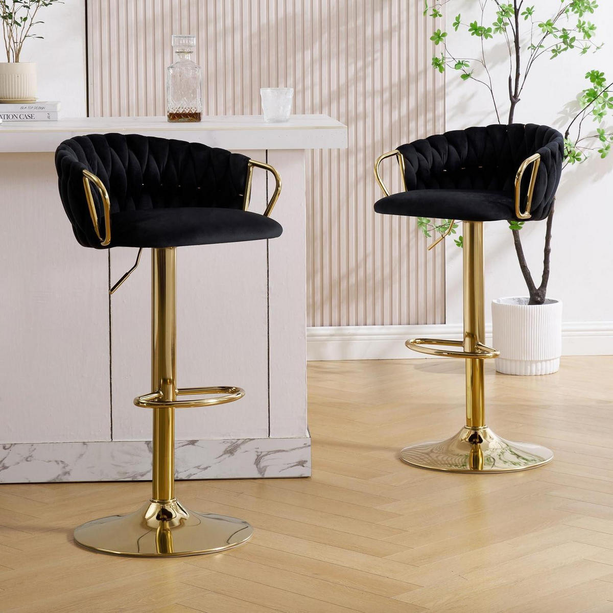 BARHOCKER 2er-Set Samt Schwarz höhenverstellbar drehbar mit geflochtener Rückenlehne und goldener Fußstütze - Schwarz, Textil (42/100/39cm)