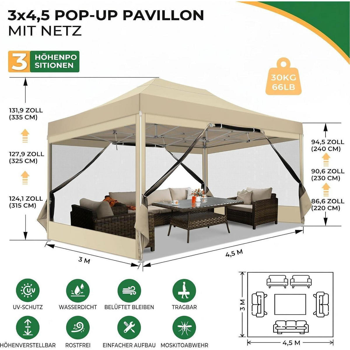 FALTPAVILLON 3 x 4,5 m Khaki Wasserdicht mit Moskitonetz - Olivgrün, Textil (300/335/450cm)