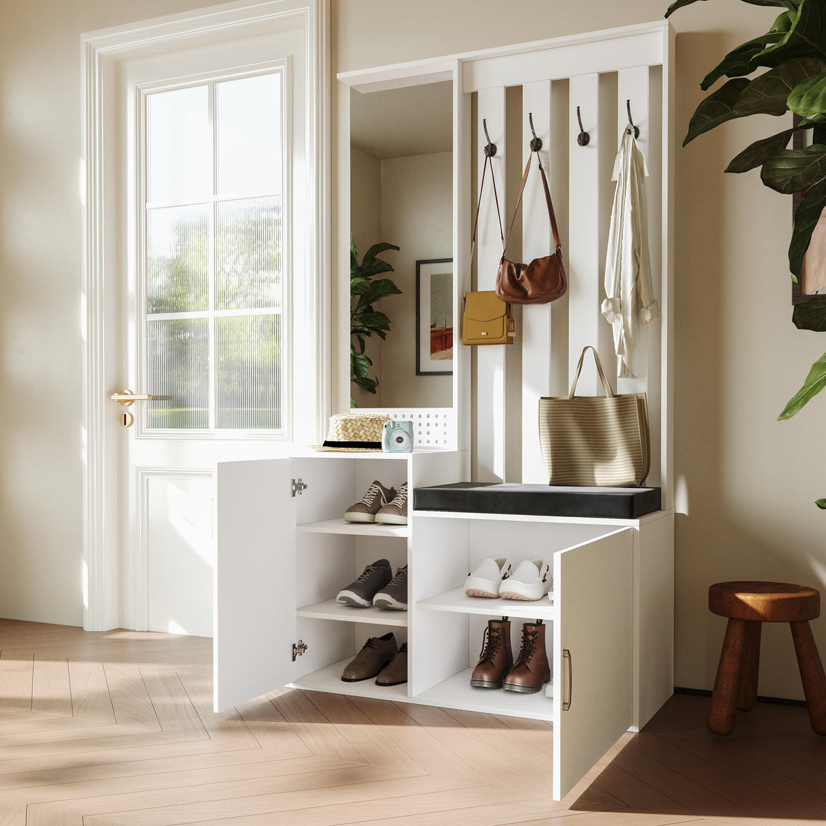 GARDEROBEN-SET WEISS mit Spiegel und Schuhbank, Schublade 100x40x180 cm - Weiß, Holz (100/180/40cm) - EuroLiving
