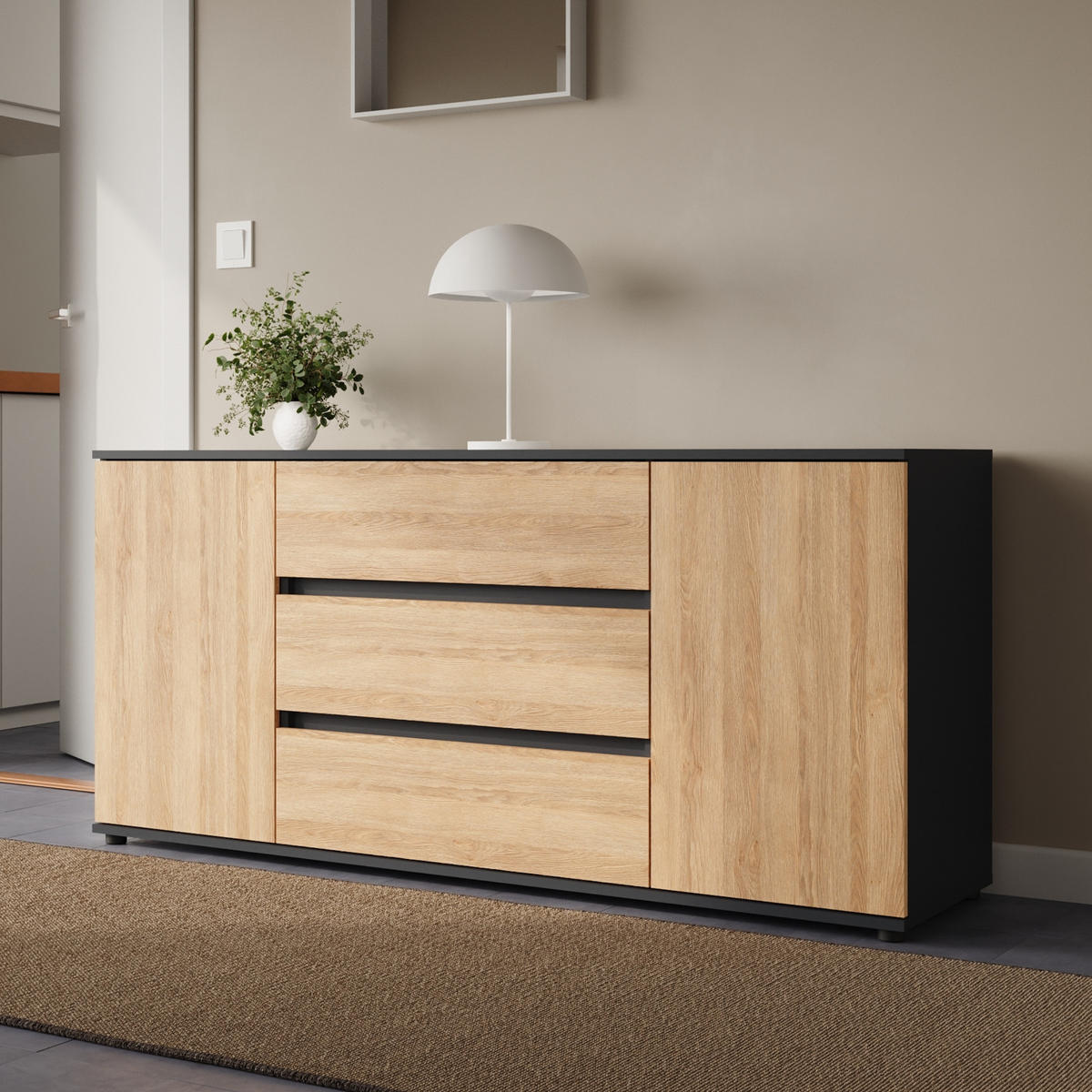KOMMODE 150 cm Breite mit zwei Türen und drei Schubladen Anthrazit mix Artisan-Eiche - Anthrazit, Holzwerkstoff (150/70/40cm) - Home Collective