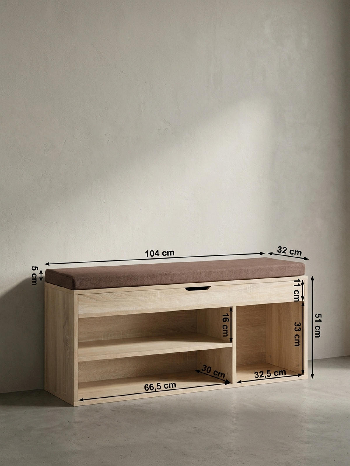 GARDEROBENBANK Holz gepolstert mit Stauraum, Beige 104x32x51 cm - Beige/Braun, Holz/Textil (104/51/32cm) - KADIMA DESIGN