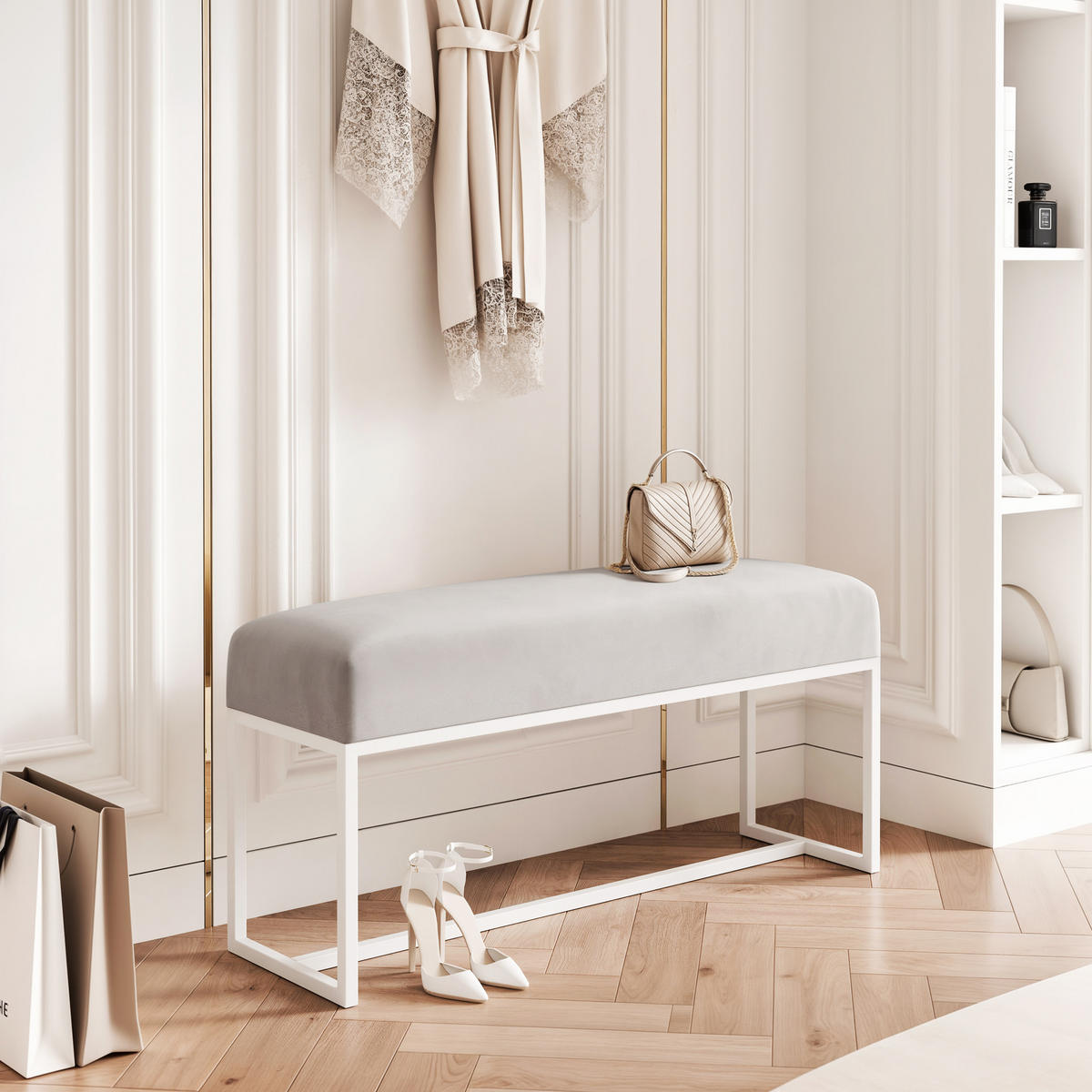 POLSTERBANK MUSE 90 cm Weiß / Grau ,Metallgestell - Grau, Metall (90/47/30cm) - Idohome