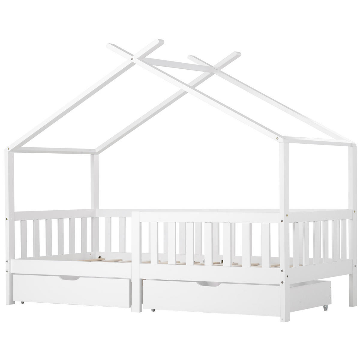KINDERHAUSBETT 90x200 cm in Weiß mit Rausfallschutz, Lattenrost und 2 Schubladen - Weiß, Holzwerkstoff (90/200cm) - IVMEU