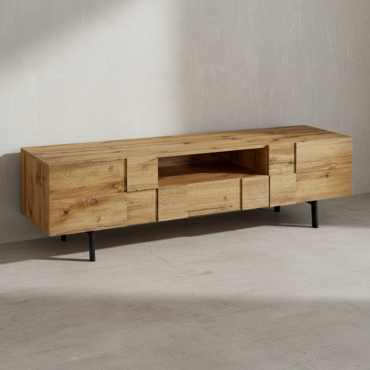 LOWBOARD Eiche-Dekor Modern Stil mit Kachelmuster für Konsolen und DVDs - Schwarz/Braun, Holz/Metall (160/46/43cm) - KADIMA DESIGN