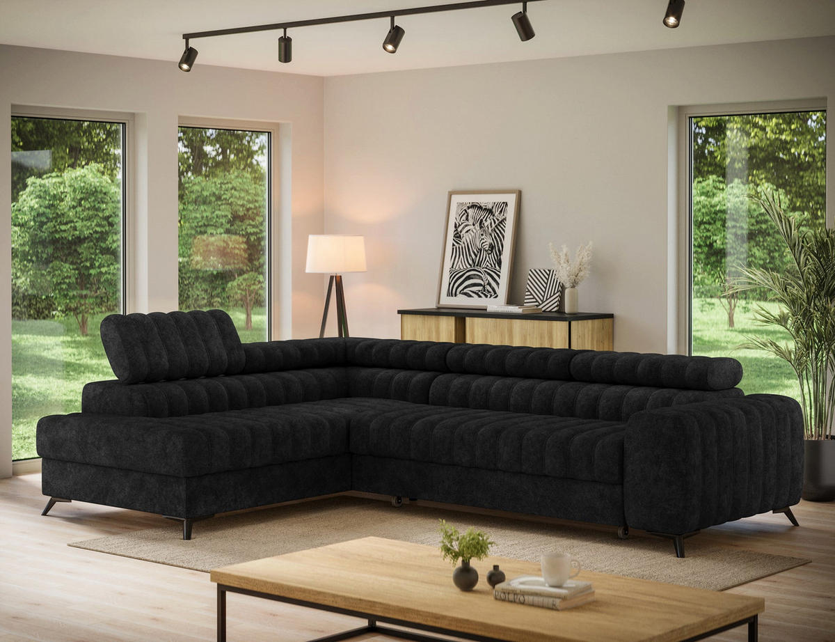KANEDO Ecksofa mit Schlaffunktion und Bettkasten – Modernes Designsofa, verstellbare Kopfstützen, Metallfüße - Schwarz, Kunststoff (269/86cm) - Wohnideebilder