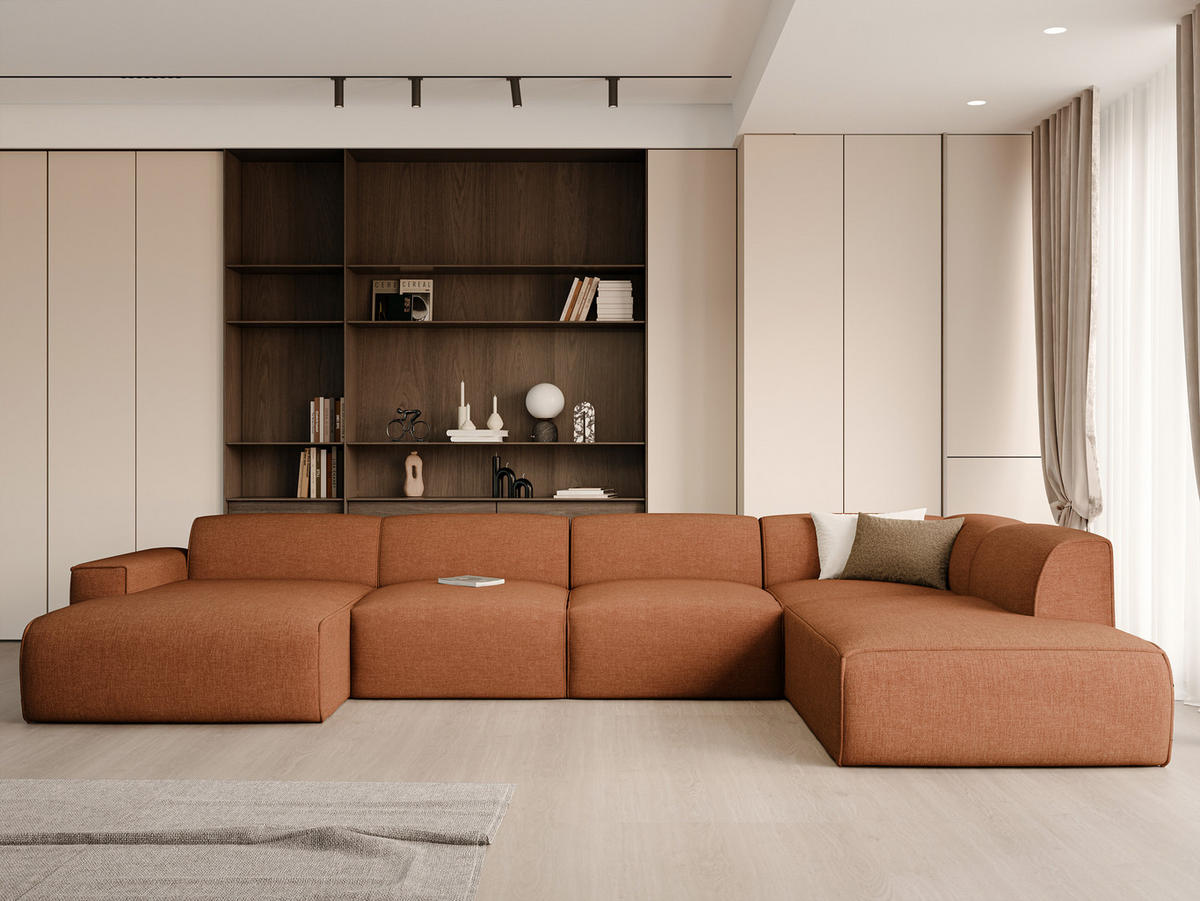 WOHNLANDSCHAFT DOVE Chenille-Stoff in Orange - Orange, Holzwerkstoff/Kunststoff (300/85/200cm) - Idohome