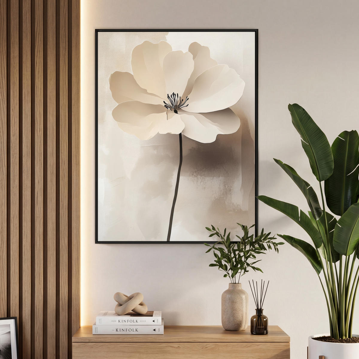 LEINWAND Bilder mit Rahmen - Blume - Beige - Farbe - Schatten - 70x100 - Creme, Textil (70/100cm) - MuchoWow