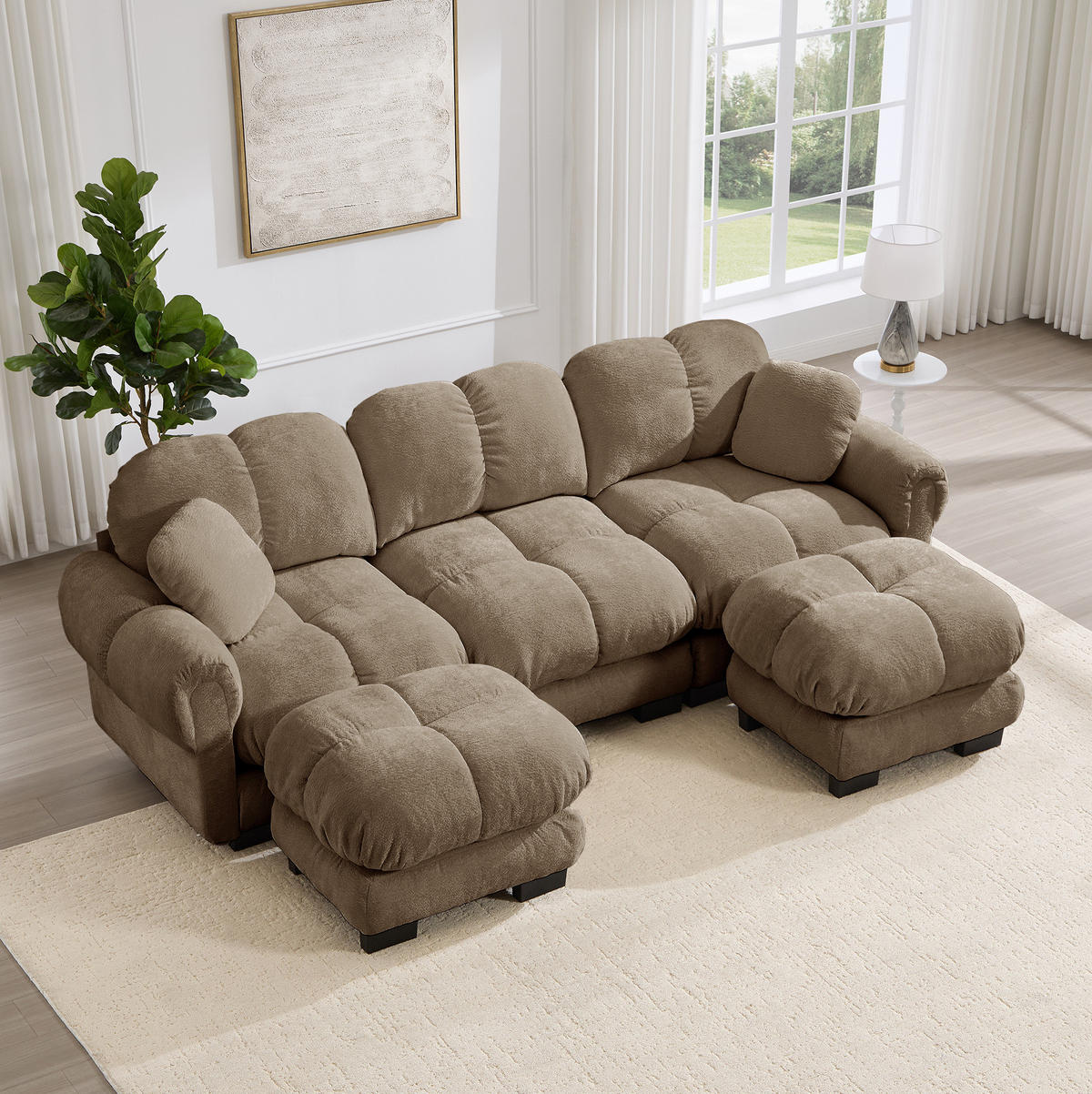 SOFA U-Form 3-Sitzer Chenille Braun mit beweglichem Hocker - Braun, Holz (149/90/260.1cm) - Meubliv