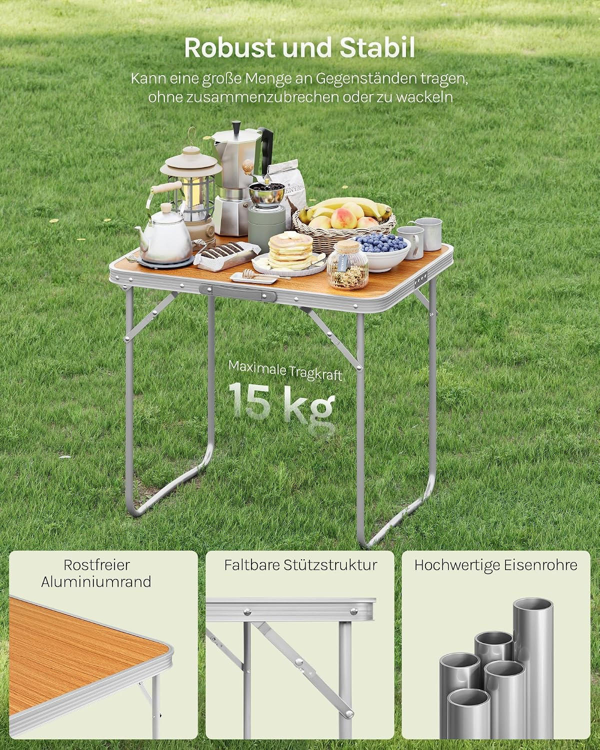 CAMPINGTISCH mit Griff Klappbar 70 x 50 x 60 cm Eiche - Eichefarben, Metall (70/50/60cm) - Woltu