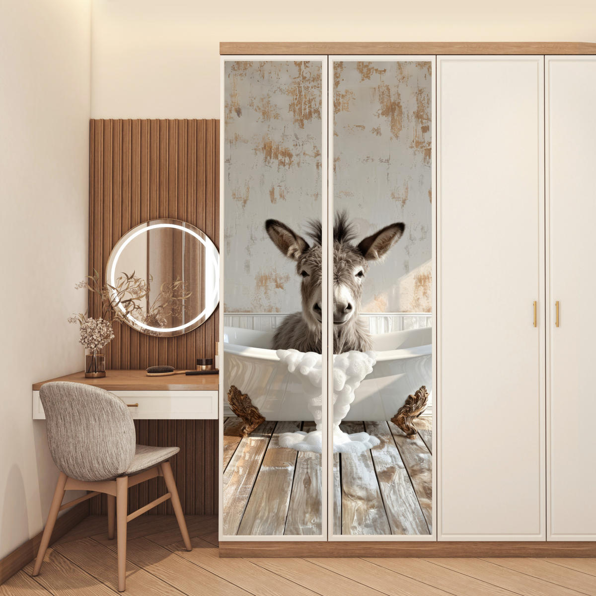 TÜRAUFKLEBER Selbstklebend - Esel - Tier - Vintage - Badewanne 95x235 cm - Türtapete - Eukalyptusholzfarben, Kunststoff (95/0.1cm) - MuchoWow