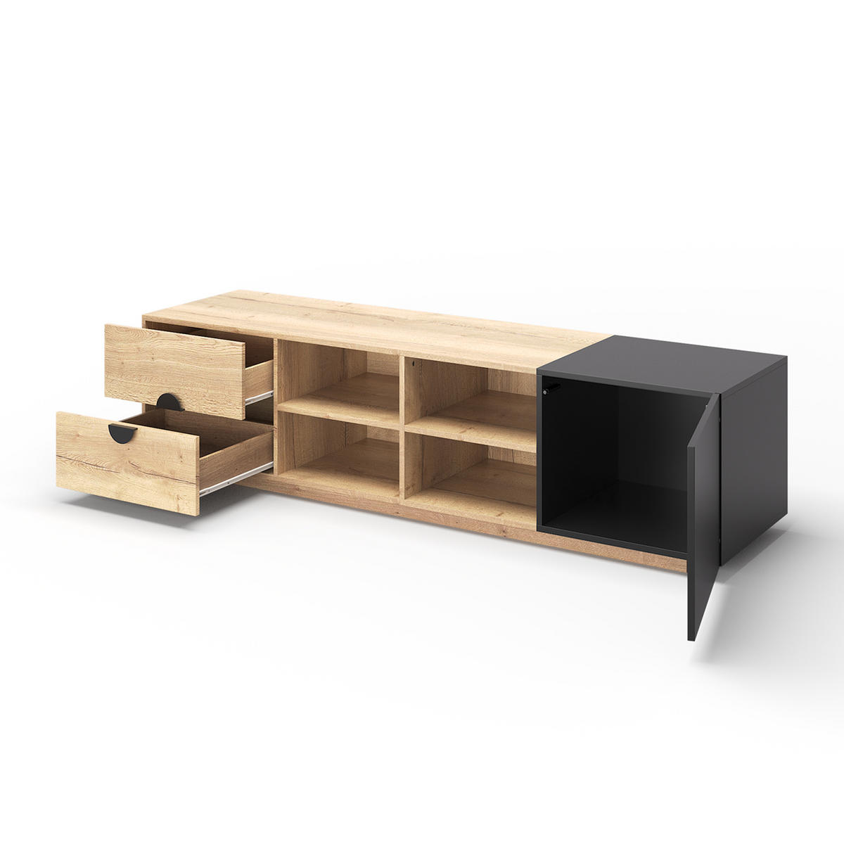 TV-SCHRANK 180 cm Holz & Schwarz mit Schublade, offenen Fächern und Schrank - Schwarz, Holzwerkstoff (180/47/38.5cm) - Urban Meuble