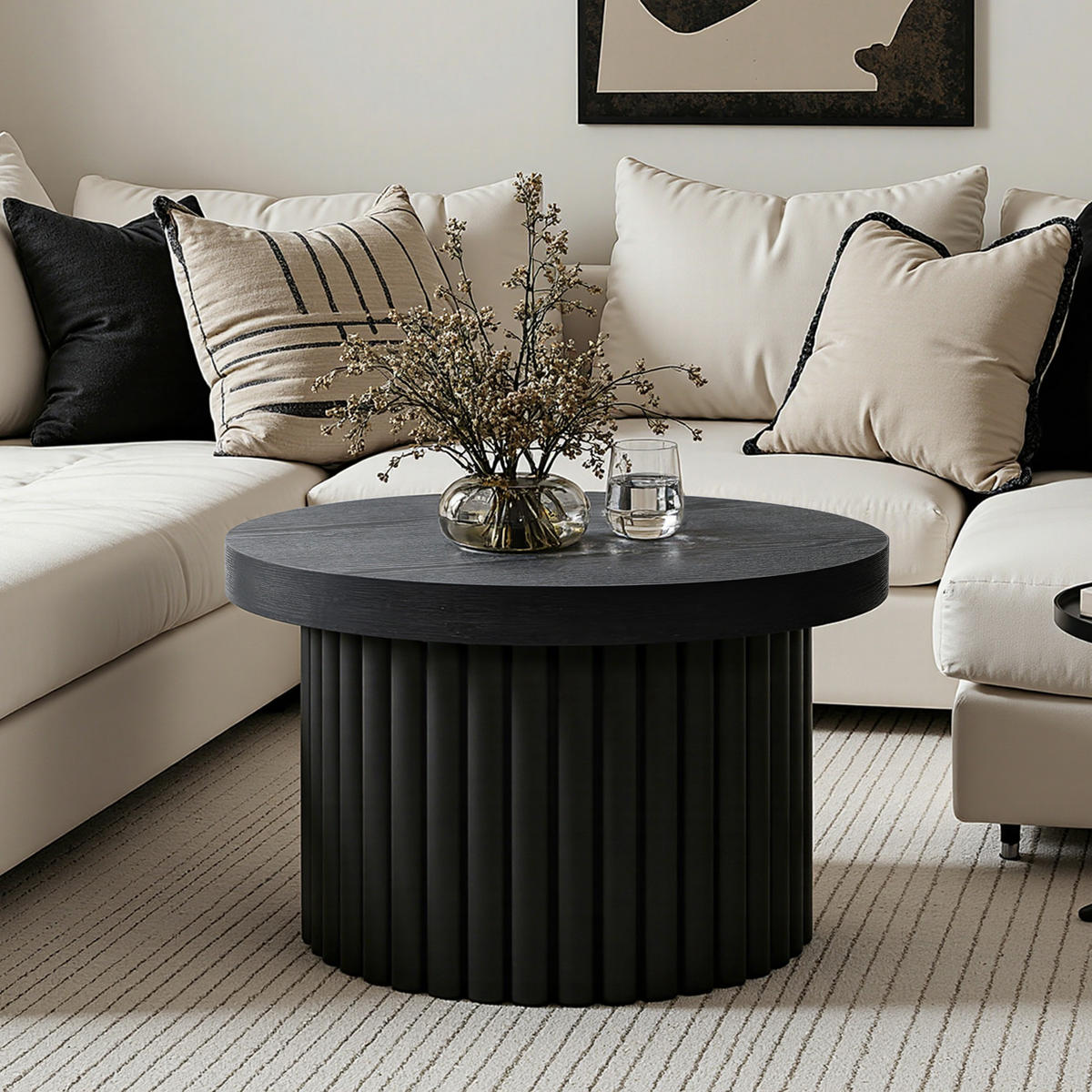 COUCHTISCH Rund, Schwarz aus MDF mit PU-Holzdessin | Ø60 x H40 cm - Schwarz, Holz (60/60/40cm) - Hometopia