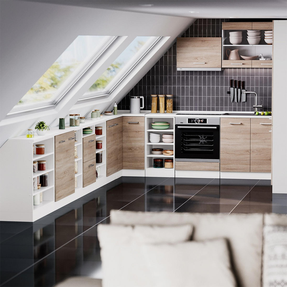 KUHINJSKA OMARA ZA POŠEVNE STREHE R-Line Sonoma 120 cm Komplet 2 korpusov omare globina 60 cm - bela/hrast sonoma, leseni material (120/83.8/60cm) - Vicco