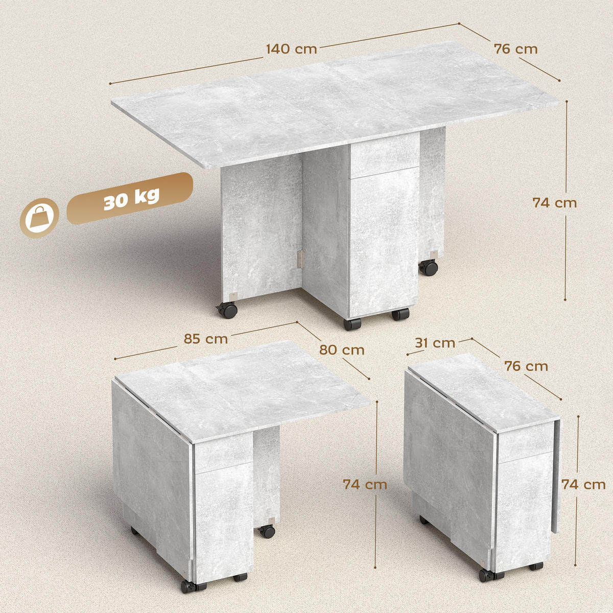ESSTISCH Grau 1 Stück - Grau, Kunststoff (140/76/74cm) - GiPP