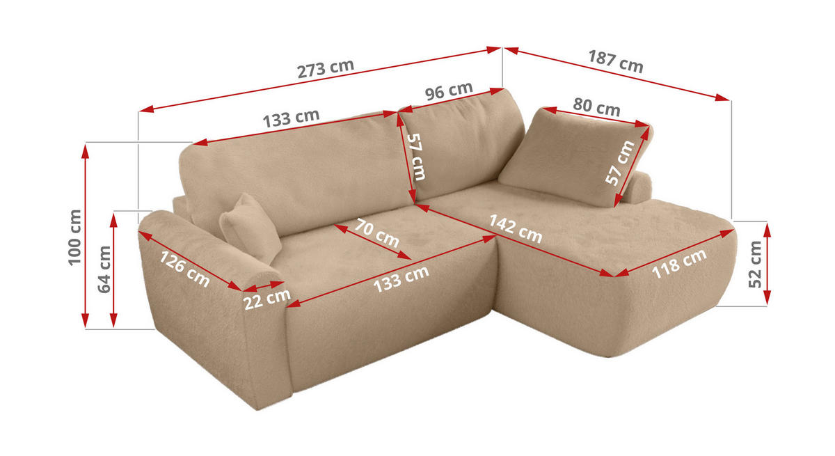 ECKSCHLAFSOFA CUBO L Beige Plüsch - links - Beige/Schwarz, Kunststoff/Textil (273/187cm) - MKS