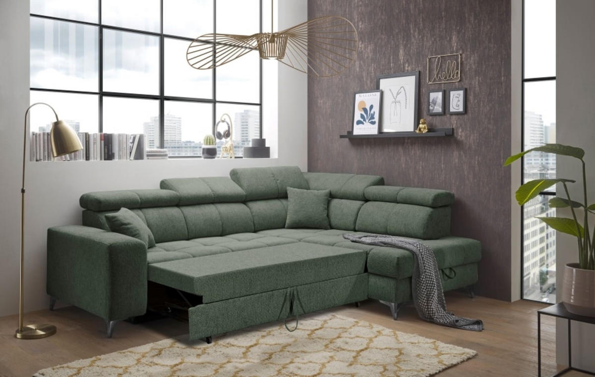 ECKSOFA mit Schlaffunktion und Bettkasten, Luxus-Mikrofaser - Schwarz/Grün, Textil/Metall (198/282cm) - ed exciting design