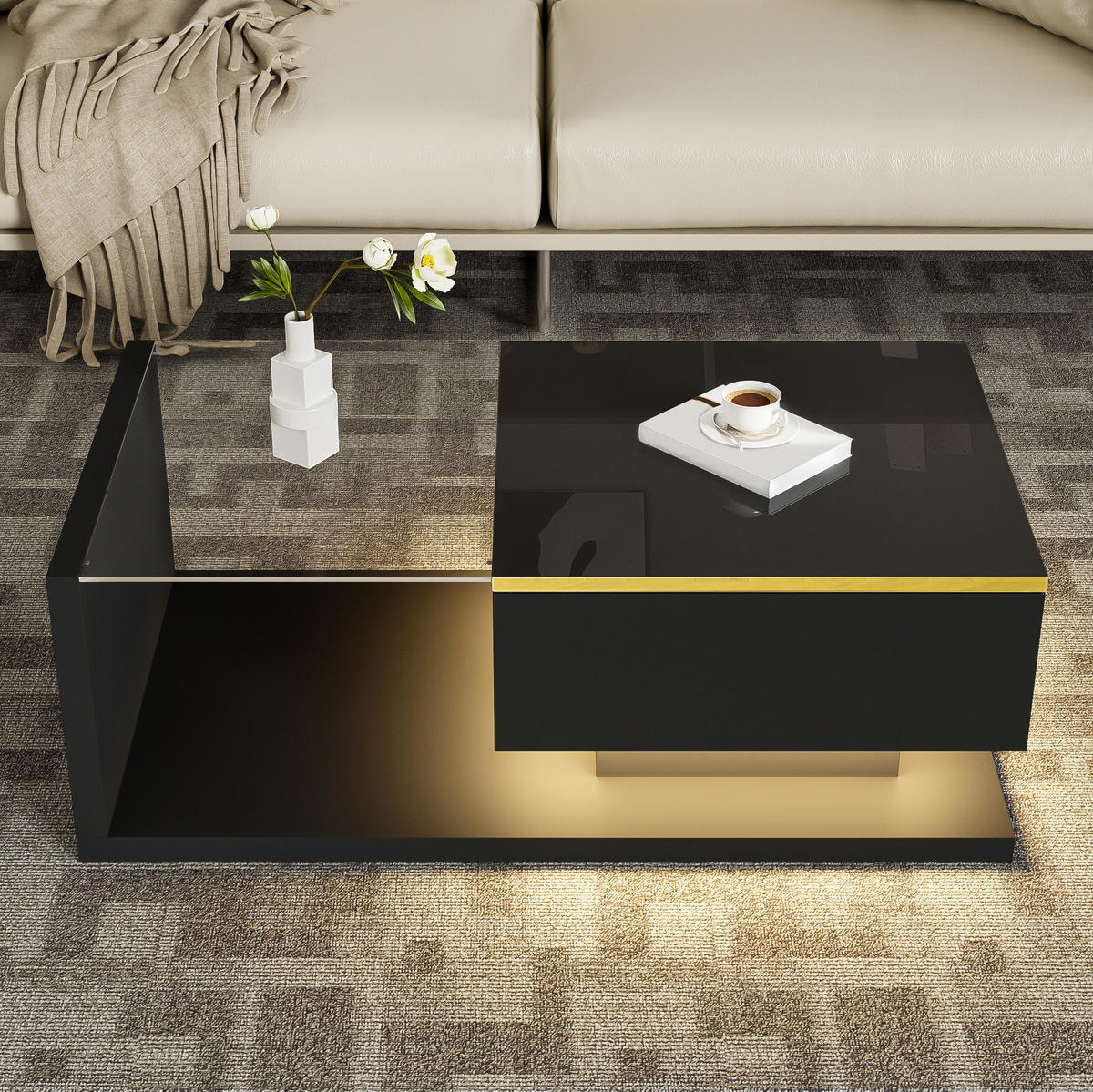 COUCHTISCH mit LED 90 x 50 cm Schwarz mit Glas - Schwarz, Holzwerkstoff (90/50/32.5cm) - Meubliv