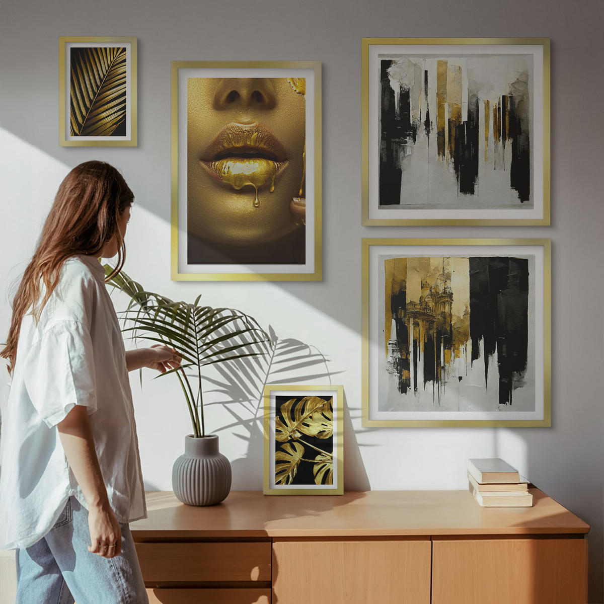 WANDBILDER 5er Set - 50x50 cm & 20x30 cm & 40x60 cm Goldrahmen - Sonnenuntergangsbrücke Landschaft - Goldfarben, Kunststoff (40/60cm) - ArtPrintCave