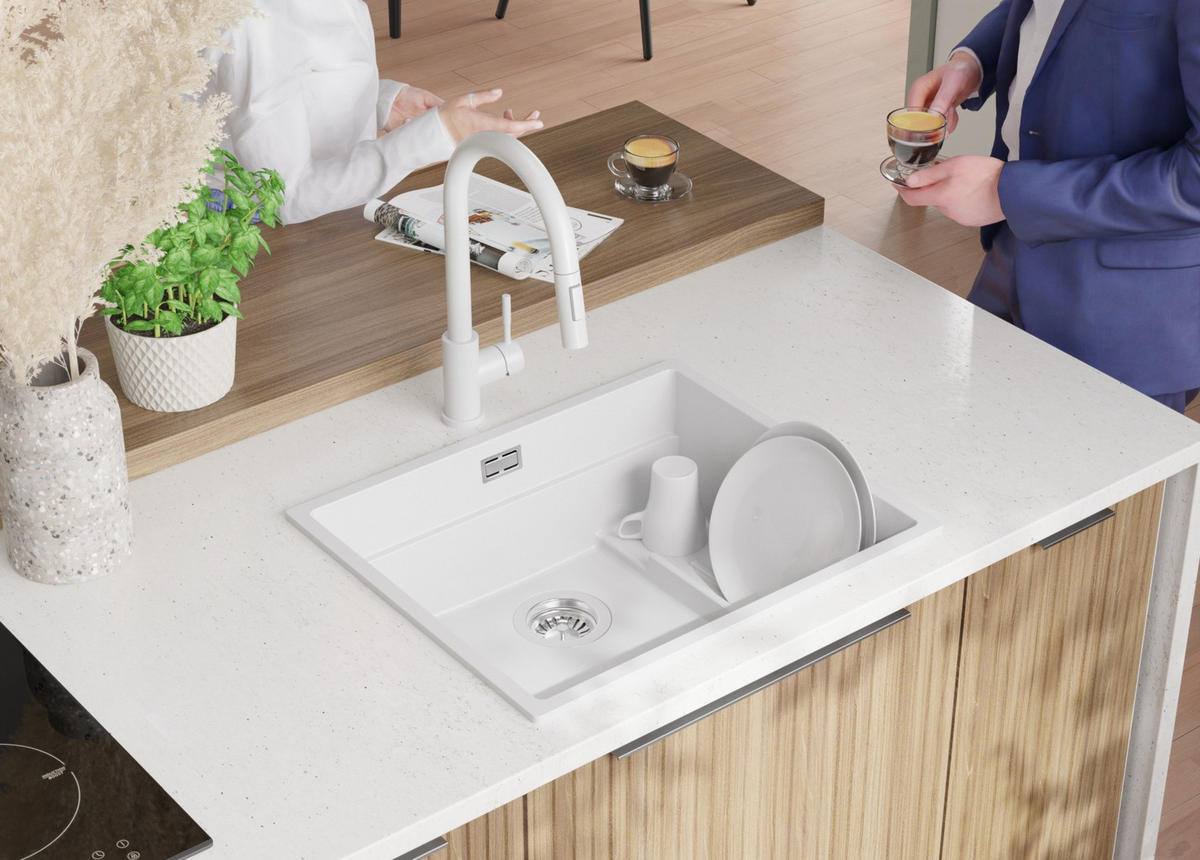 SPÜLBECKEN Praga Slim, 2-er set Weiß 56/47 cm 1 Becken + Ablauf-Set + Aufrollbare Abtropffläche ab 60er Unterschrank - Chromfarben/Weiß, Kunststoff (56/20/47cm) - Primagran