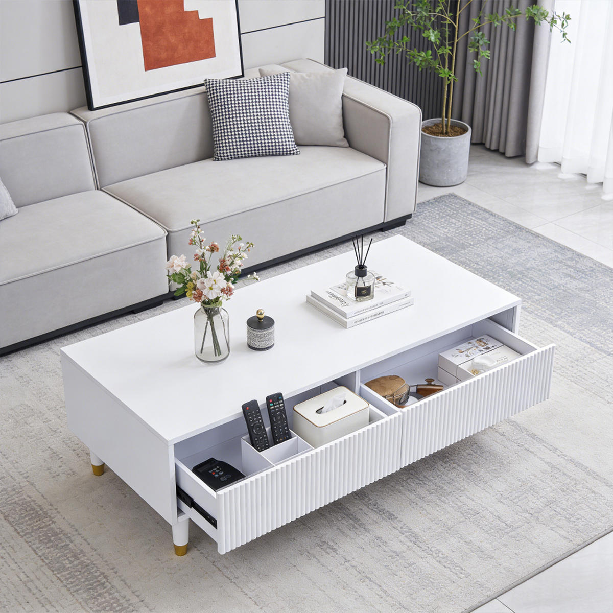 COUCHTISCH mit Schubladen und LED-Beleuchtung, Weiß - Weiß, Holzwerkstoff (110/50/40cm) - Meubles Cosy